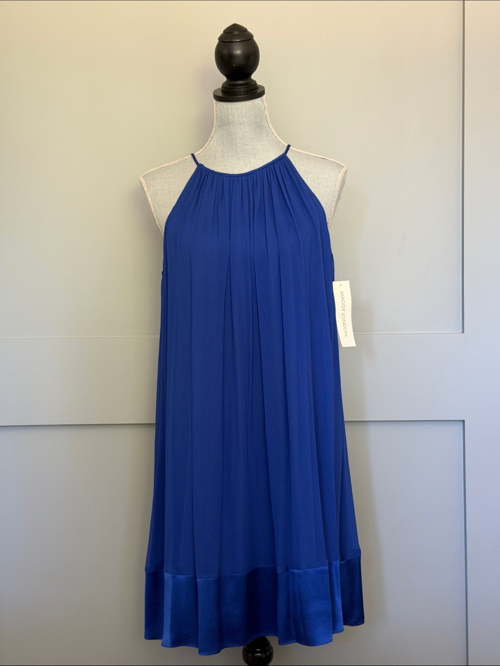 MAGGY London Silk Cobalt Blue Halter Pleated Swing Dress NWOT NWBT